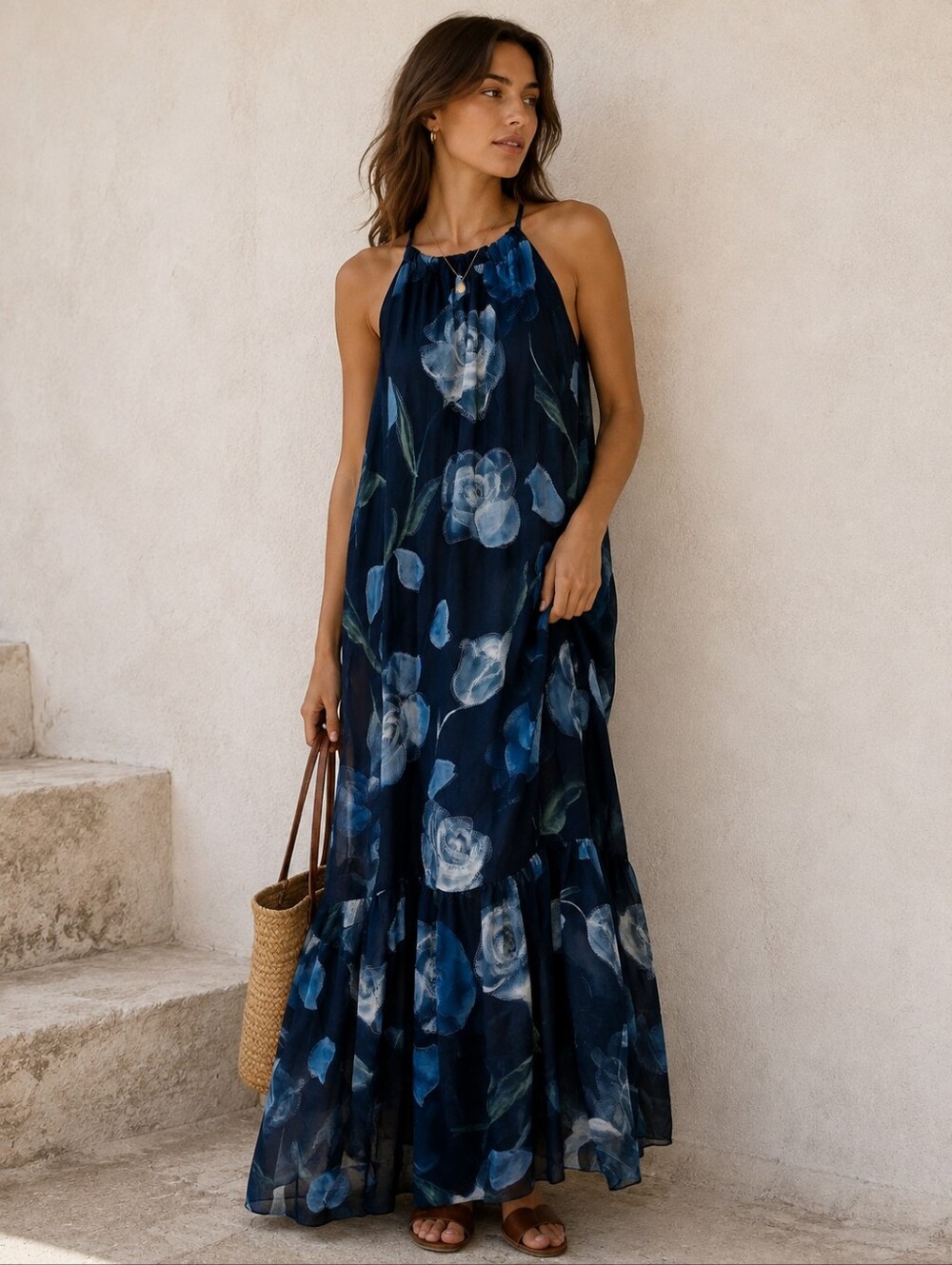 NWT Le Ragazze Floral Halter Dress Size S Blue Silk Blend Maxi